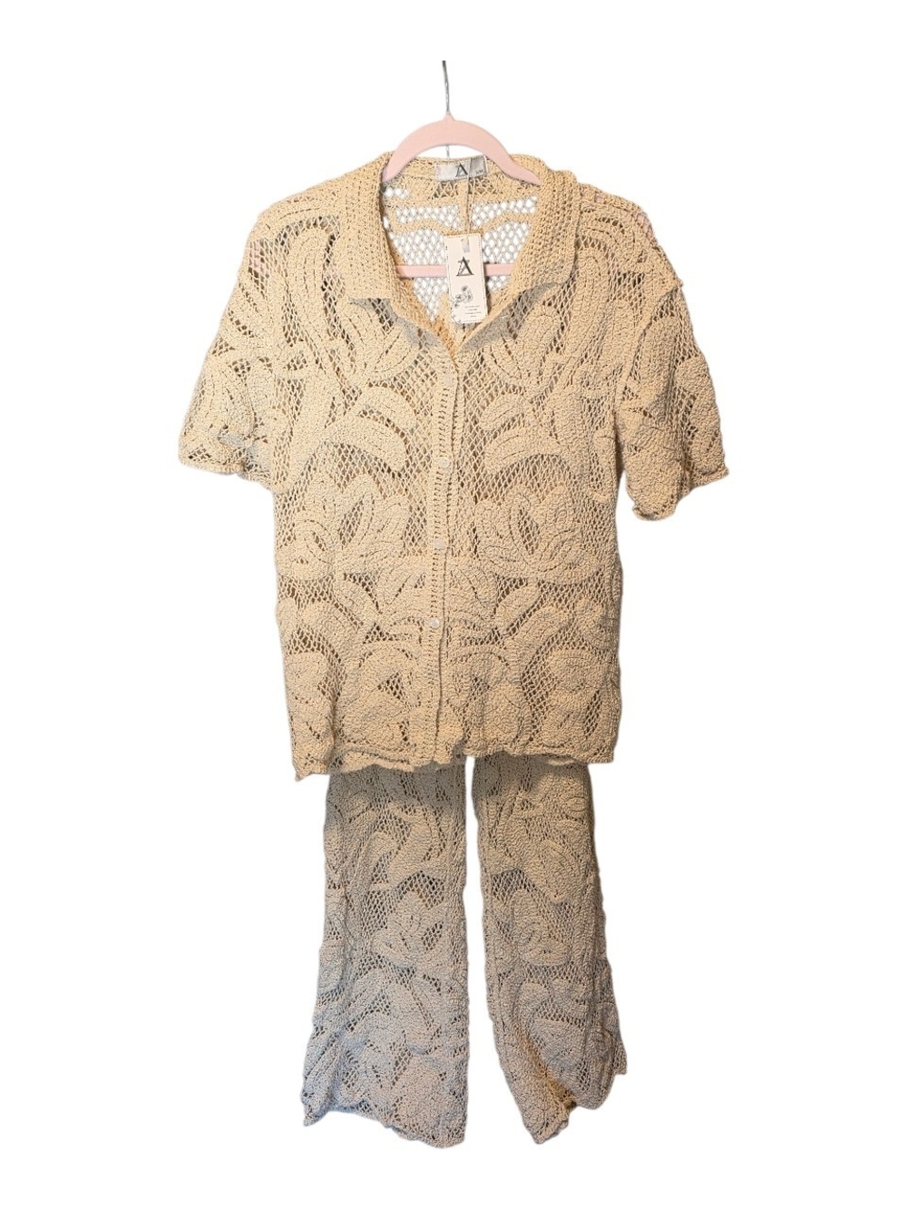 Beige Open-Knit Two-Piece Set with Short Sleeve Top and Pants - Women